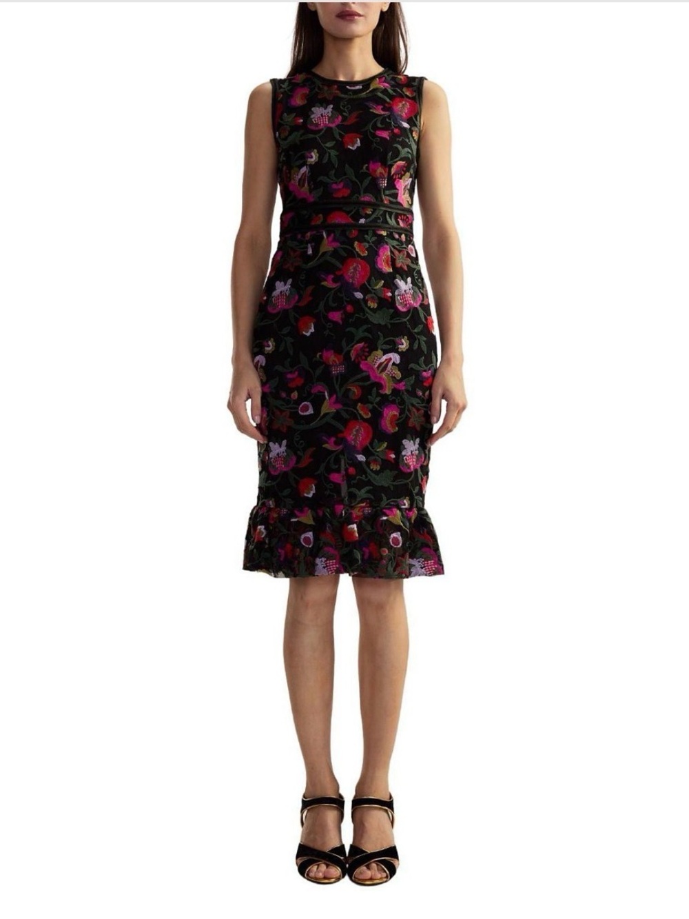 Cynthia Rowley Black Dress with Pink & Green Floral Embroidery